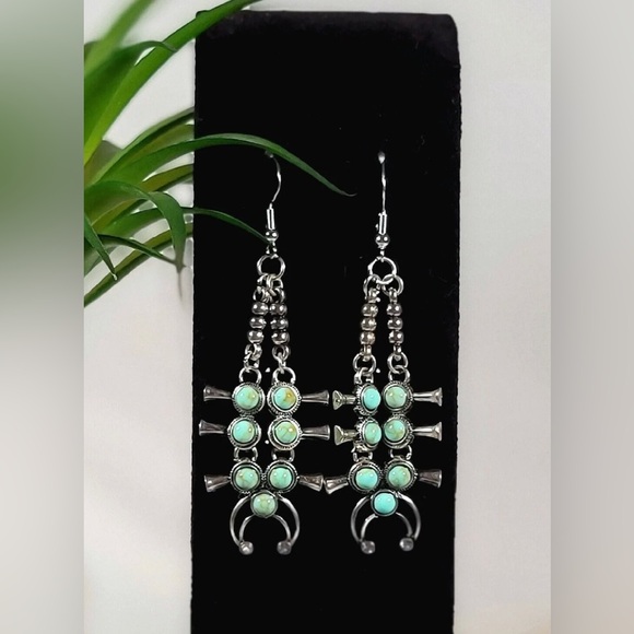 Artisan Jewelry - Squash Blossom Drop Dangle Earrings Turquoise & Sterling Silver Hooks NWT